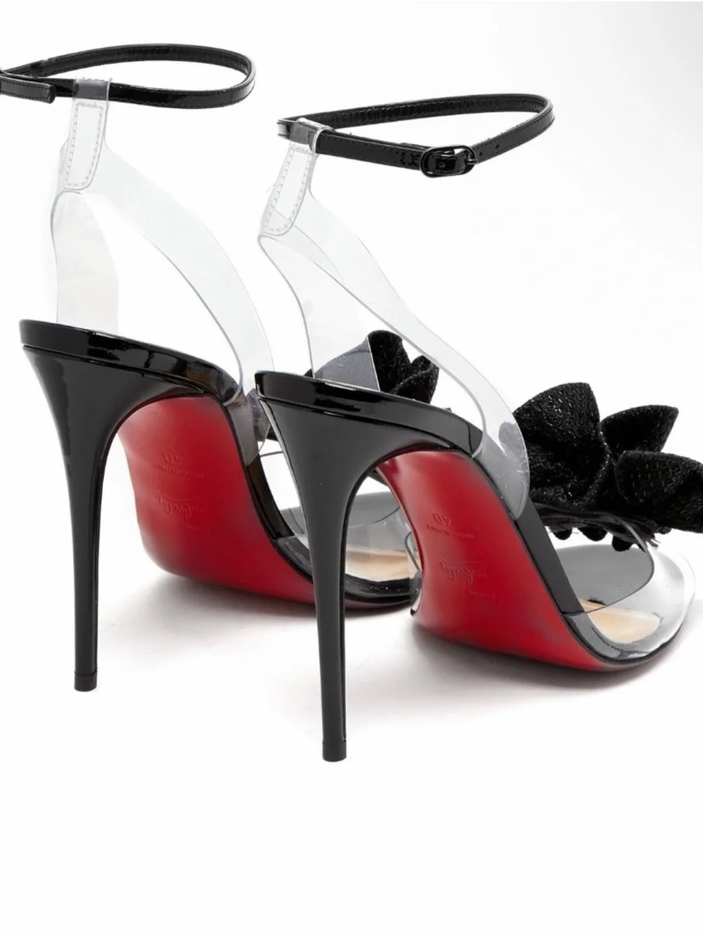 Christian Louboutin Clear Slingback Heels with Black Floral Bow